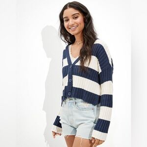 American Eagle Navy Blue and White Striped Cardigan